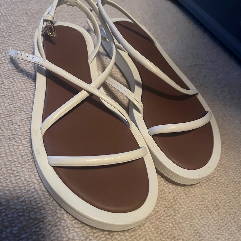 Reformation White Strappy Flat Sandals with Brown Footbed